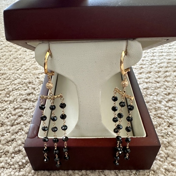 14KT Yellow Gold 3 Row Black Spinel Earrings - Picture 4 of 7
